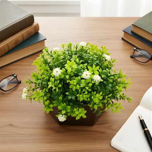fancymart Artificial Flower Leaves in Wood Hexagon Pot - White - 14cm Height - Home & Office Decor Elegant Potted Plant for Tabletop Enhancement - Image 1