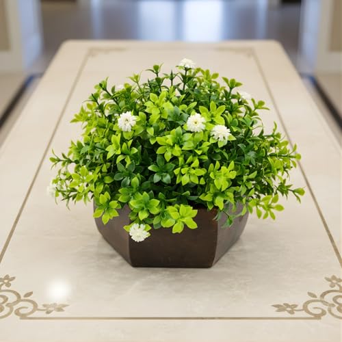 fancymart Artificial Flower Leaves in Wood Hexagon Pot - White - 14cm Height - Home & Office Decor Elegant Potted Plant for Tabletop Enhancement - Image 2