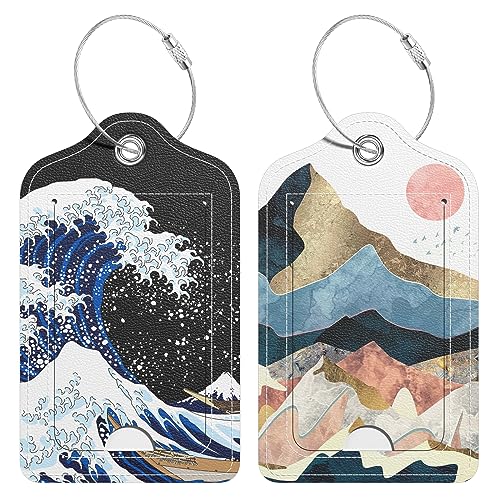 Hsxnam 2 Pack PU Leather Luggage Tags for Suitcase, Travel Cruise Luggage Tag with Privacy Flap, Name ID Label and Metal Loop for Women Men Baggage Handbag School Bag Backpack, Sea Wave Sun - Image 1