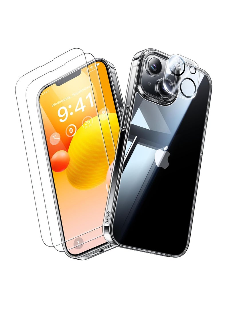 DUSALA Diamond Clear for iPhone 14 Case with 2X Screen Protector + 2X Camera Lens Protector, [Not Yellowing][Military-Grade Protective] Slim Thin Shockproof Phone Case for iPhone 14, Clear - Image 1