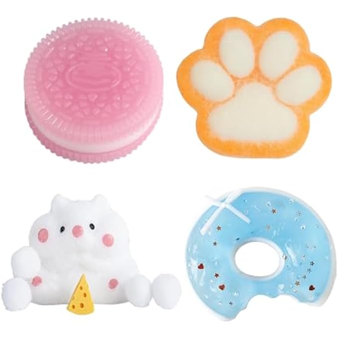 SSKHE Set of 4 Taba Squishy - Pink Oreo + Yellow Cat Paw + Blue Donut + White Hampster | Squeeze Stress Relief Toys - Image 1