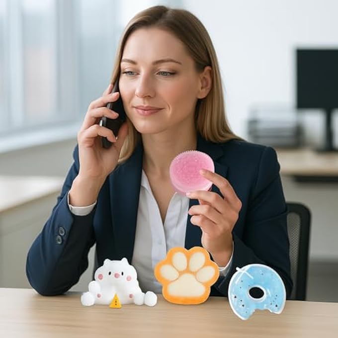 SSKHE Set of 4 Taba Squishy - Pink Oreo + Yellow Cat Paw + Blue Donut + White Hampster | Squeeze Stress Relief Toys - Image 3