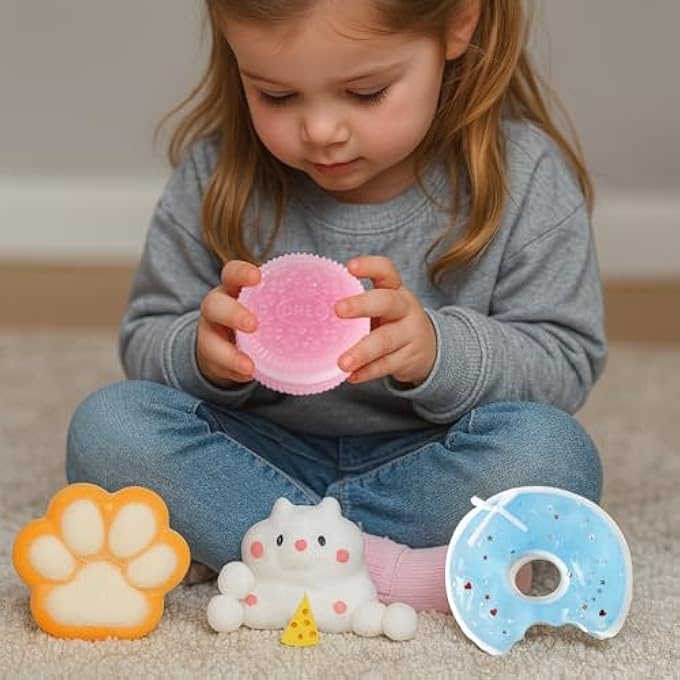 SSKHE Set of 4 Taba Squishy - Pink Oreo + Yellow Cat Paw + Blue Donut + White Hampster | Squeeze Stress Relief Toys - Image 2