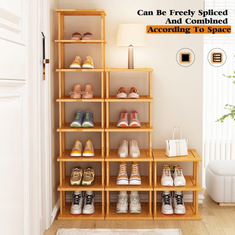 SAN HE Bamboo Shoe Rack 5Tier- Vertical Shoe Rack for Small Spaces, Tall Narrow Shoe Rack Organizer for Closet Entryway Corner Garage and Bedroom,Skinny Shoe Shelf with Free Stackable DIY - Image 2