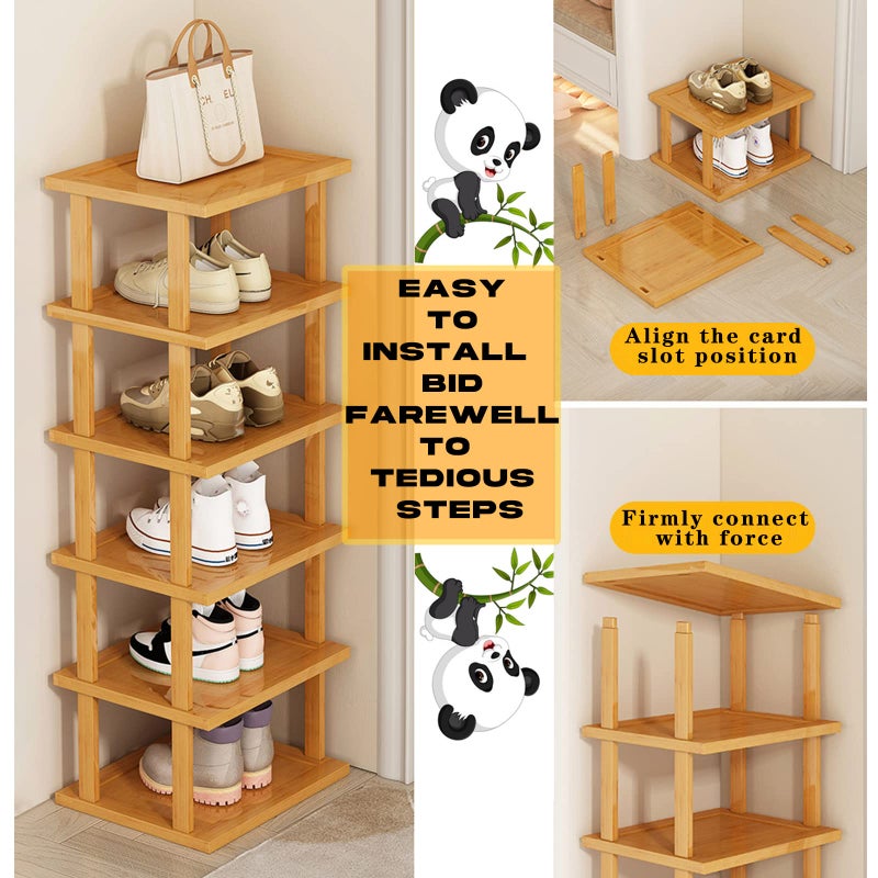 SAN HE Bamboo Shoe Rack 5Tier- Vertical Shoe Rack for Small Spaces, Tall Narrow Shoe Rack Organizer for Closet Entryway Corner Garage and Bedroom,Skinny Shoe Shelf with Free Stackable DIY - Image 4