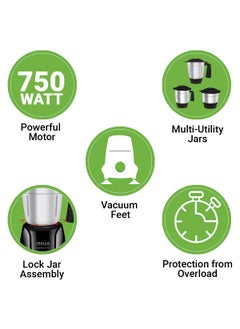 Inalsa INALSA Mixer Grinder 750Watt- MaxxBlend 750 with 3 Stainless Steel Jars (For Dry Grinding, Wet Grinding, Chutneys, (Black/Grey)  - Image 2