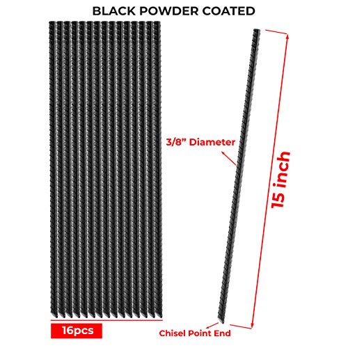 NHZ 15” Ground Rebar Stakes (16pcs) Heavy Duty Hook Ground Anchors, Steel Plant Support Garden Stake with Chisel Point end, Hammer Through Hard Soil for Camping Tent - Black Powder Coated (16) - Image 2