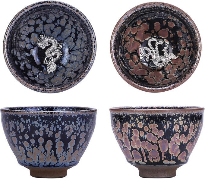 JIANZHAN TENMOKU CERAMIC TEA CUPS DRAGON AND PHOENIX PAIR OF TEACUPS 45 OZ HANDMADE TRADITIONAL CHINESE KUNGFU TEA CUP 2 PCSSET