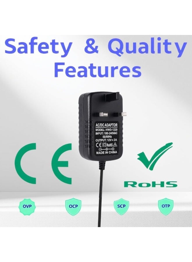 Salab 12V 2A Power Adapter for CCTV Security Cameras, LED Strips, Routers & Monitors .UK Plug, 100–240V AC to 12V DC 24W Charger, 5.5×2.5mm Barrel Connector, Center Positive, 1m Cable .1 Pack 12V 2A AC Adapter - Image 4