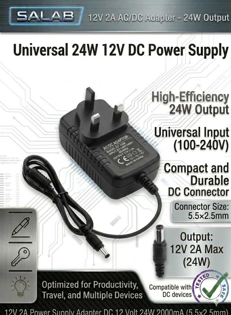 Salab 12V 2A Power Adapter for CCTV Security Cameras, LED Strips, Routers & Monitors .UK Plug, 100–240V AC to 12V DC 24W Charger, 5.5×2.5mm Barrel Connector, Center Positive, 1m Cable .1 Pack 12V 2A AC Adapter - Image 1
