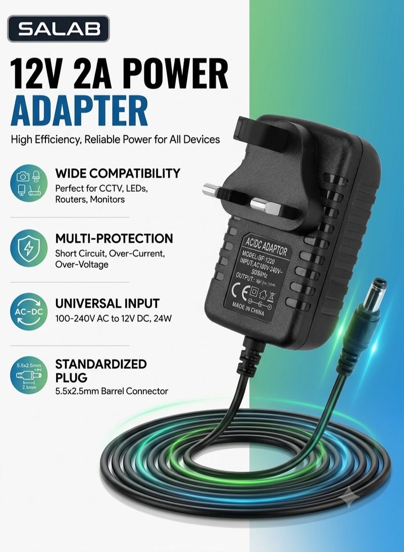 Salab 12V 2A Power Adapter for CCTV Security Cameras, LED Strips, Routers & Monitors .UK Plug, 100–240V AC to 12V DC 24W Charger, 5.5×2.5mm Barrel Connector, Center Positive, 1m Cable .1 Pack 12V 2A AC Adapter - Image 1