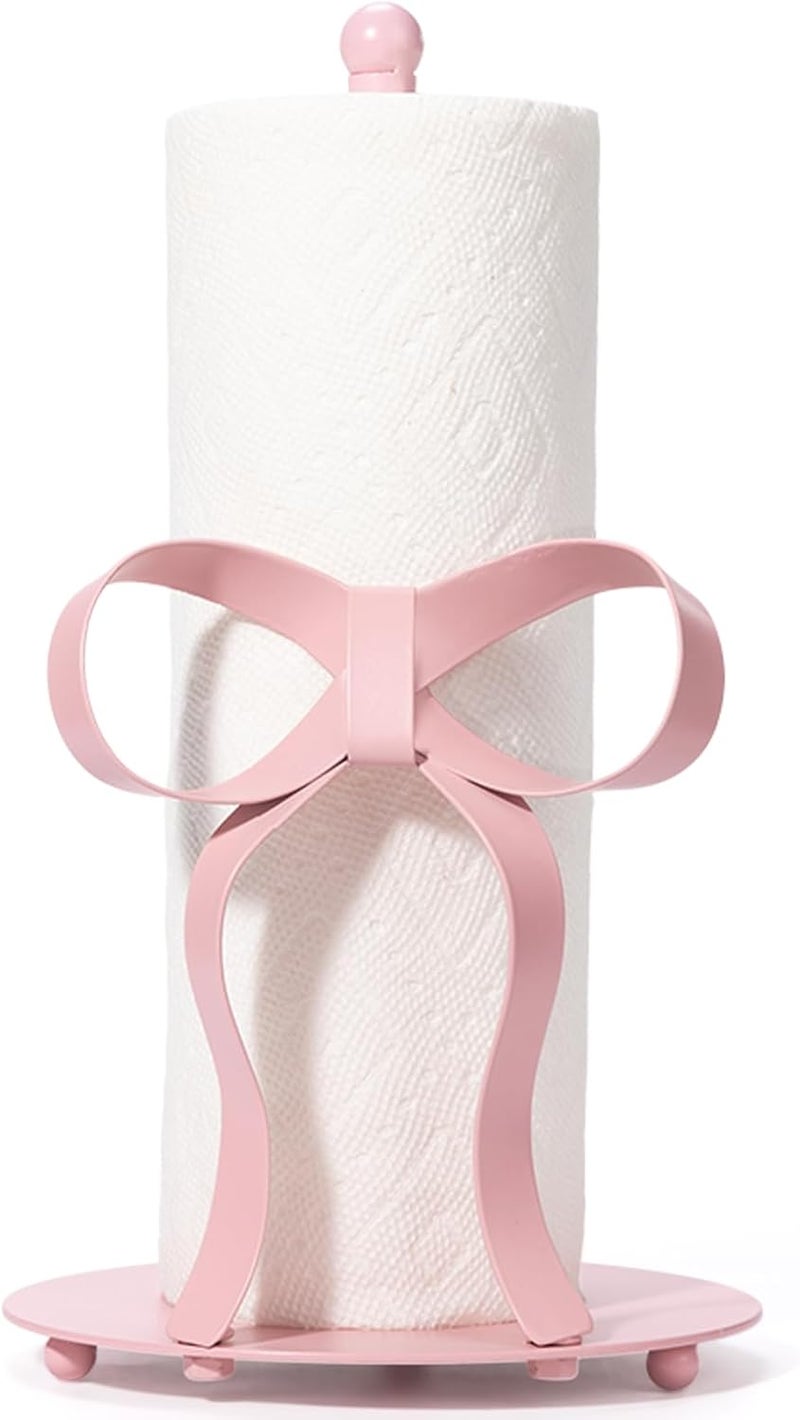 Shinlar Pink Bow Paper Towel Holder Coutertop - Bow Accent Paper Towel Holder, Pink Kitchen Decor and Accessories, Coquette Room Decor Girly Gifts for Women, 3D Handmade Pattern, Weighted Base - Image 1
