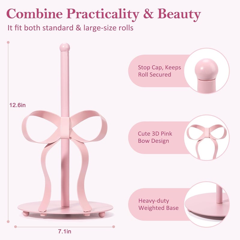 Shinlar Pink Bow Paper Towel Holder Coutertop - Bow Accent Paper Towel Holder, Pink Kitchen Decor and Accessories, Coquette Room Decor Girly Gifts for Women, 3D Handmade Pattern, Weighted Base - Image 2