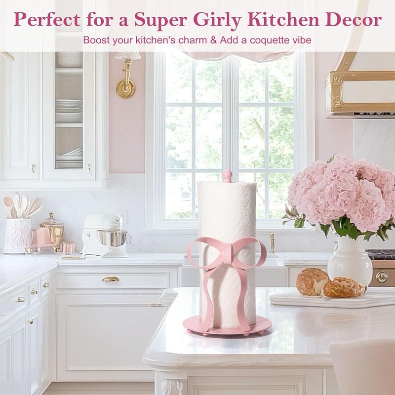 Shinlar Pink Bow Paper Towel Holder Coutertop - Bow Accent Paper Towel Holder, Pink Kitchen Decor and Accessories, Coquette Room Decor Girly Gifts for Women, 3D Handmade Pattern, Weighted Base - Image 5