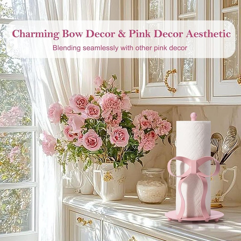 Shinlar Pink Bow Paper Towel Holder Coutertop - Bow Accent Paper Towel Holder, Pink Kitchen Decor and Accessories, Coquette Room Decor Girly Gifts for Women, 3D Handmade Pattern, Weighted Base - Image 3