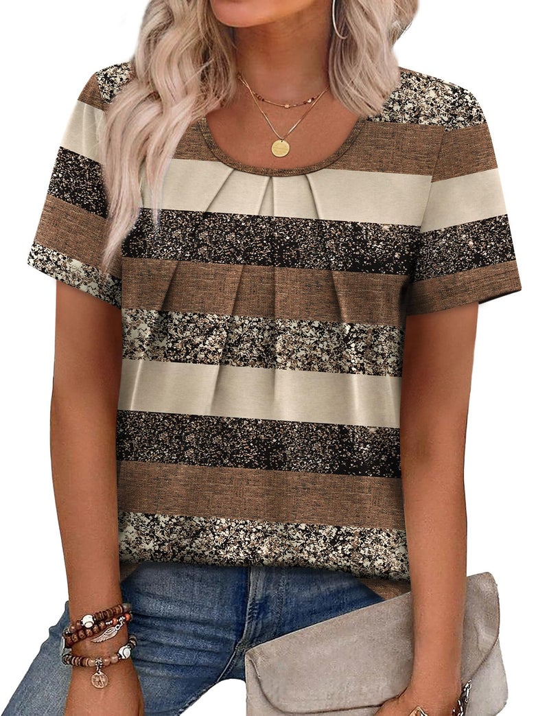WIHOLL Womens Summer Tops Trendy Short Sleeve Shirts Beach Vacation Clothes Scoop Neck Loose Fit Blouses Spring Fashion Clothing Travel Vacation Outfits Striped Print 2XL - Image 2