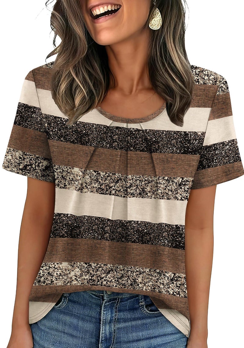 WIHOLL Womens Summer Tops Trendy Short Sleeve Shirts Beach Vacation Clothes Scoop Neck Loose Fit Blouses Spring Fashion Clothing Travel Vacation Outfits Striped Print 2XL - Image 1