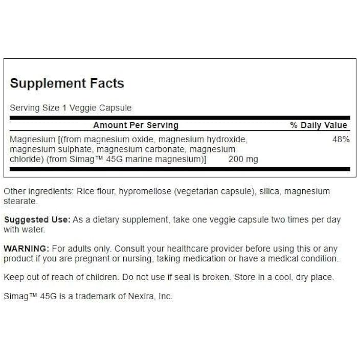 Swanson Simag Marine Magnesium 200 Milligrams Elemental 200 Milligrams 60 Veg Capsules - Image 2