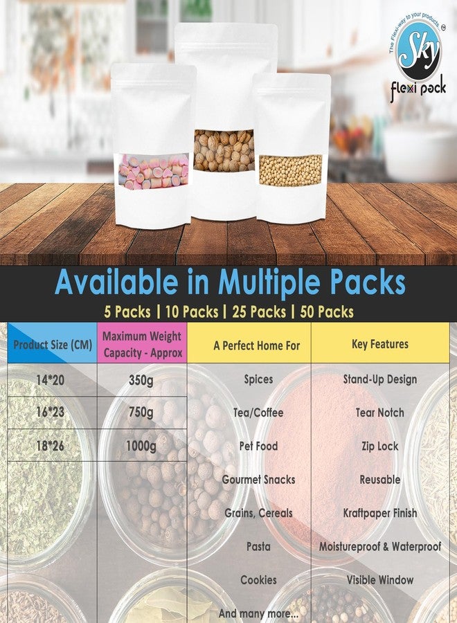 SKY FLEXI PACK White Kraft Paper Stand Up Pouch 16 x 23cm, Pack of 50, Reusable Zip Lock with Rectangle Transparent Window, Waterproof Multi-purpose Storage Bags, Capacity up to 750gm - Image 4