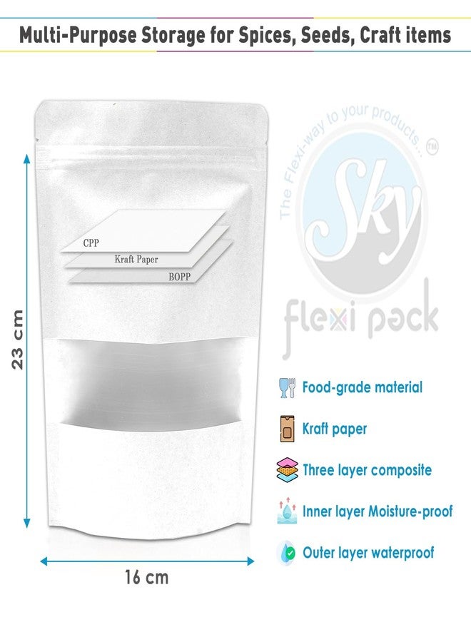 SKY FLEXI PACK White Kraft Paper Stand Up Pouch 16 x 23cm, Pack of 50, Reusable Zip Lock with Rectangle Transparent Window, Waterproof Multi-purpose Storage Bags, Capacity up to 750gm - Image 2