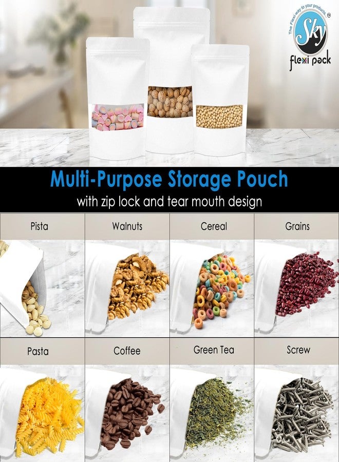 SKY FLEXI PACK White Kraft Paper Stand Up Pouch 16 x 23cm, Pack of 50, Reusable Zip Lock with Rectangle Transparent Window, Waterproof Multi-purpose Storage Bags, Capacity up to 750gm - Image 5