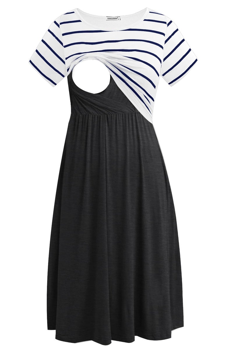 Smallshow Womens Short Sleeve Patchwork Nursing Dresses for Breastfeeding XLarge White Stripe