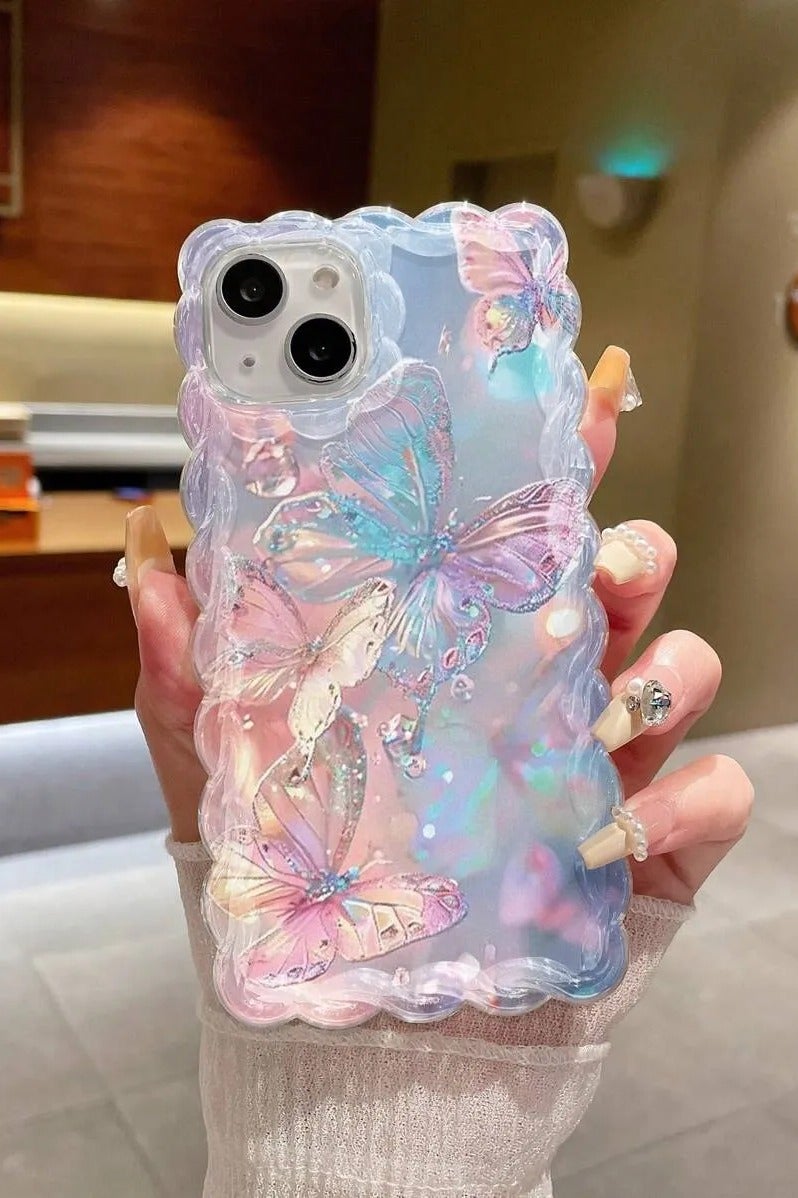 شي إن حافظة هاتف محمي مطبوع عليها فراشات ذات حافة متموجة مضفرة، مضادة للصدمات متوافق مع آيفون ١٤ بلس