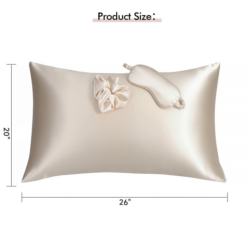 KISMETICS - Vegan Silk Sleep Set, Vegan Silk Pillowcase with Large Scrunchie and Eye Mask for Hair and Skin, Self Care Essential Satin Night Routine Kit (Champagne Color) - Image 2