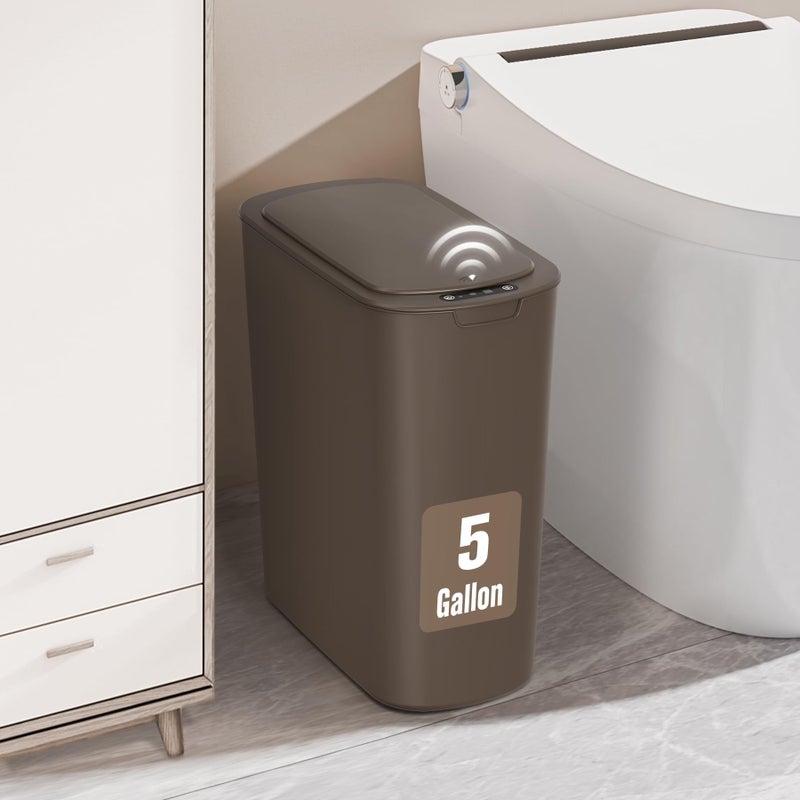 Cesun Bathroom Trash Can with Lid, 5 Gallon Motion Sensor Trash Can, Small Automatic Garbage Can, Touchless Smart Plastic Slim Wastebasket for Bedroom, Office, rv, Living Room, Brown - Image 1
