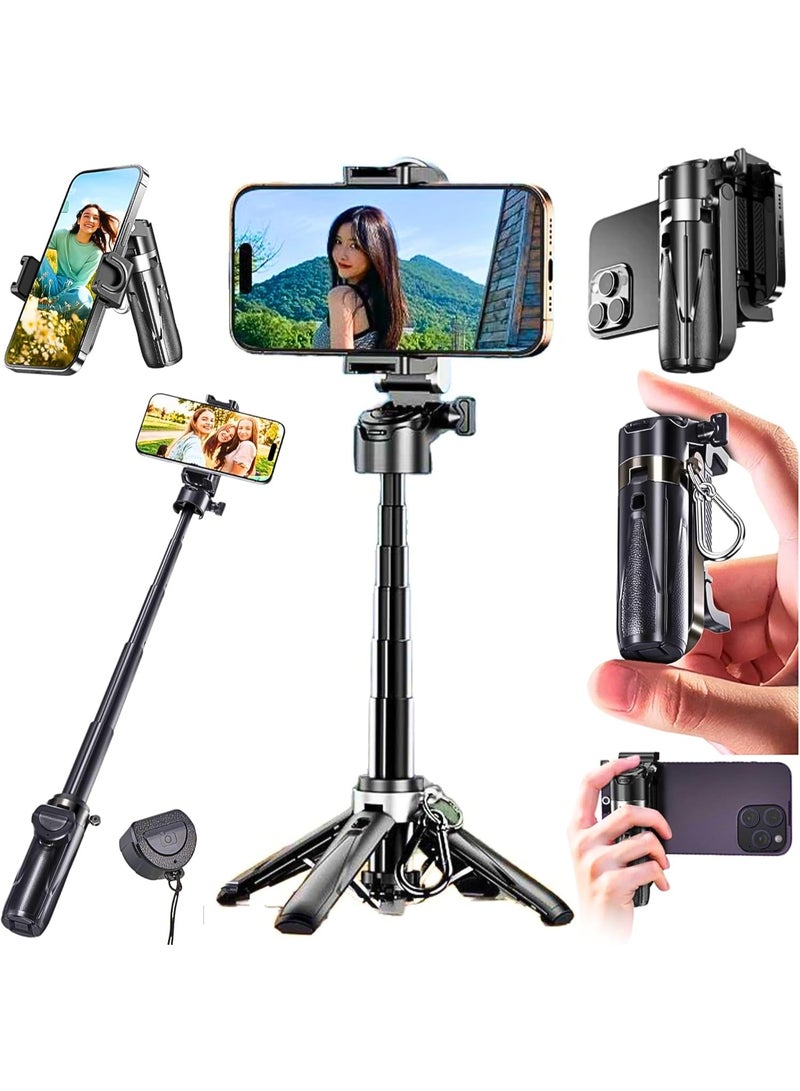 حامل سيلفي ثلاثي صغير مع ريموت – حامل هاتف 3 في 1 محمول مع 2 قاعدة Cold Shoe، دوران 360°، حجم جيب قابل للطي، متوافق مع آيفون، أندرويد، فلوغات، بث مباشر - Image 1