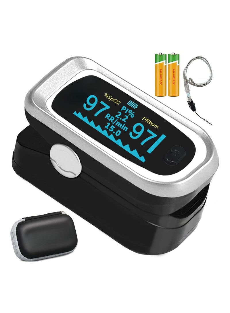جهاز قياس الأكسجين في الدم مع معدل التنفس – شاشة OLED تقيس 4 مؤشرات تشمل النبض والتشبع – أسود فضي مع بطاريات وحقيبة وحامل رقبة