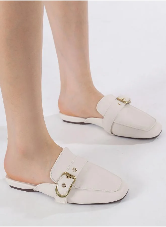 Sneak-a-Peek Buckle Detail Square Toe Slip-On Mules
