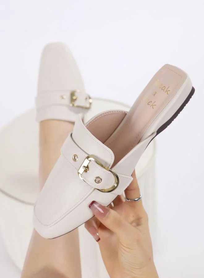 Sneak-a-Peek Buckle Detail Square Toe Slip-On Mules