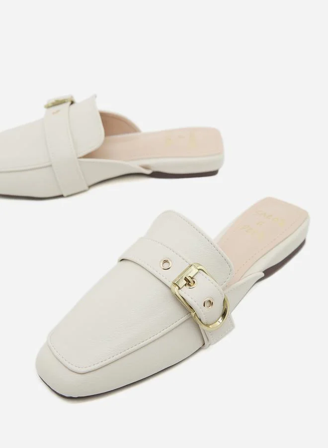 Sneak-a-Peek Buckle Detail Square Toe Slip-On Mules
