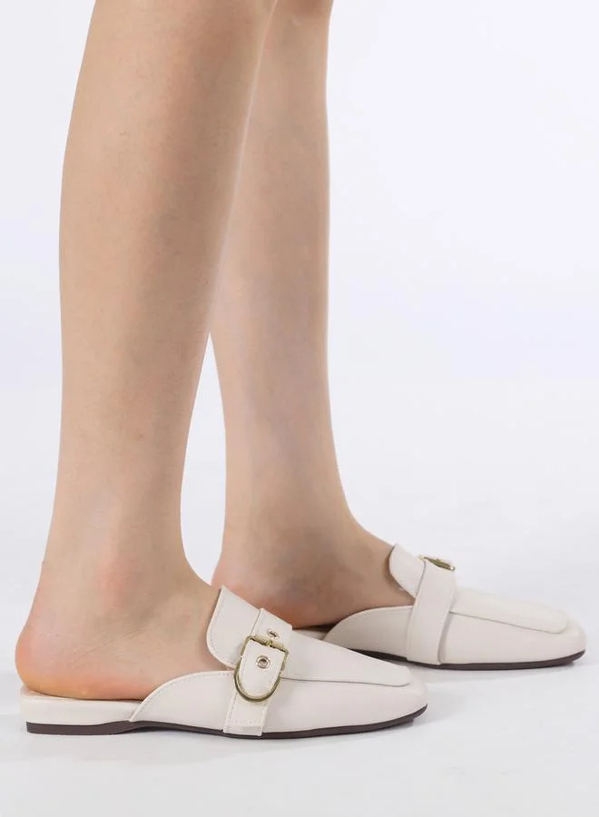 Sneak-a-Peek Buckle Detail Square Toe Slip-On Mules