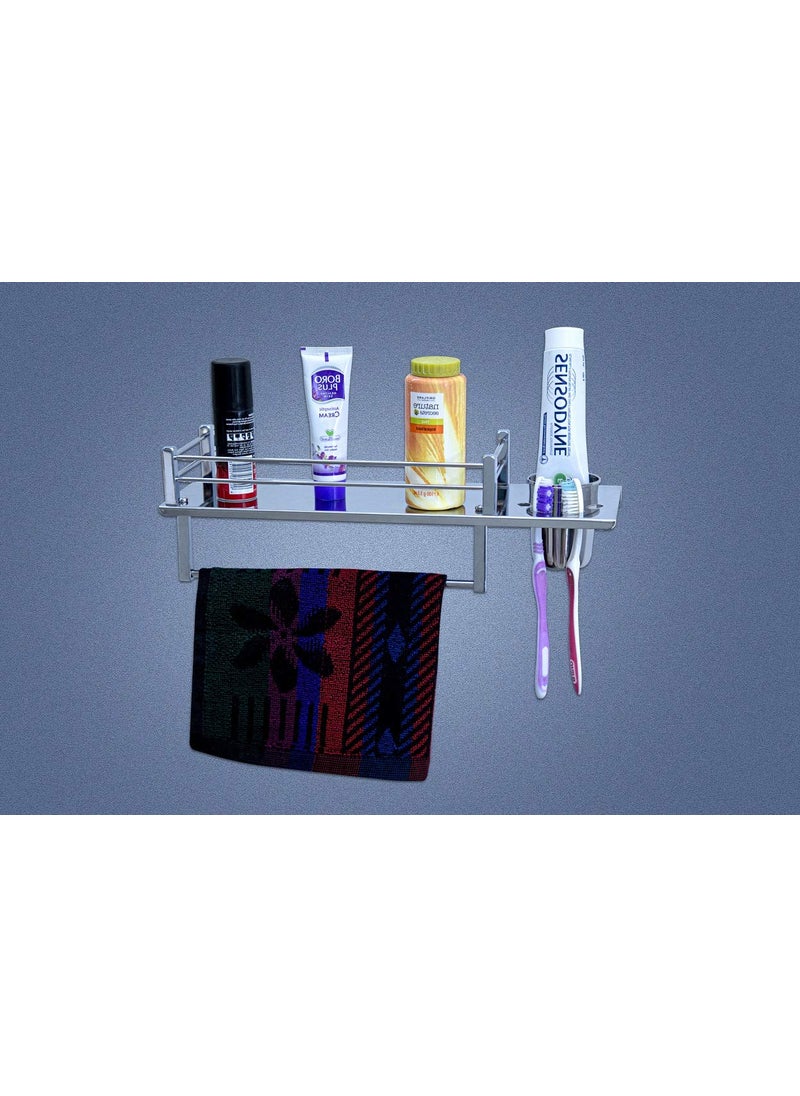 iSTAR Star 3in1 Stainless Steel Chrome Finish Multipurpose Shelf Rack with Towel Hanger, Tumbler Holder Bathroom Accessories  - Image 3