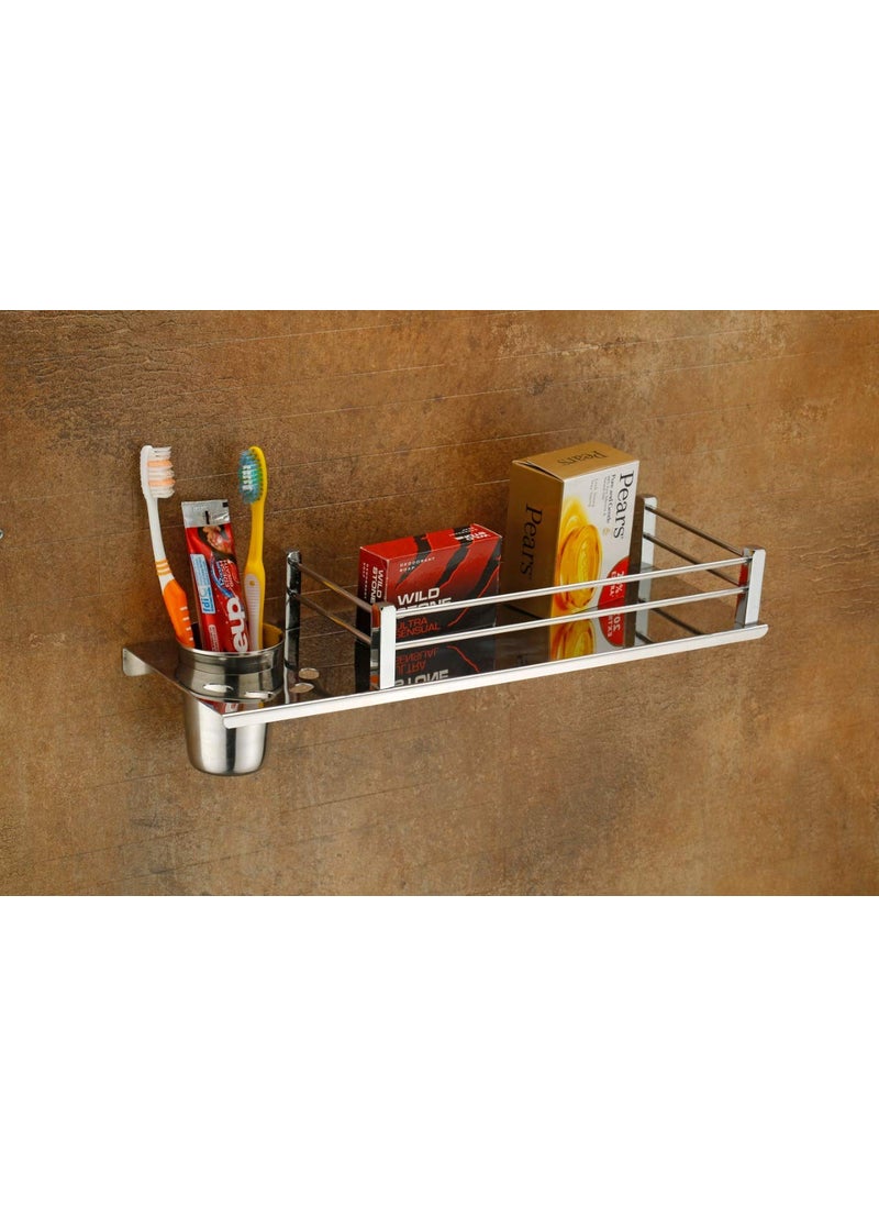 iSTAR Star 3in1 Stainless Steel Chrome Finish Multipurpose Shelf Rack with Towel Hanger, Tumbler Holder Bathroom Accessories  - Image 1
