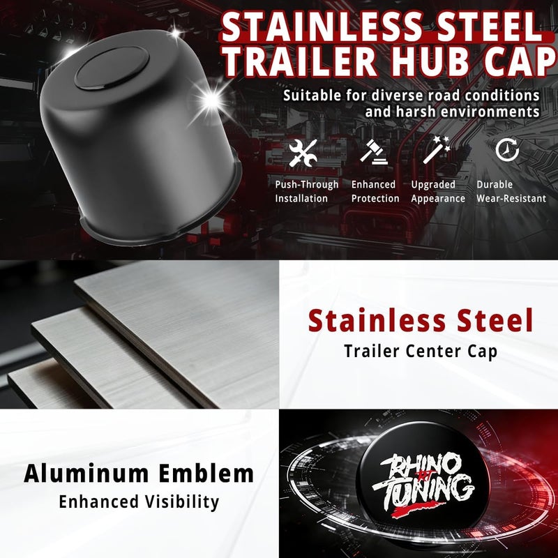 RTRHINOTUNING غطاء مركز عجلات المقطورات من الفولاذ المقاوم للصدأ من ، 4 قطع، مقاس 4.88 بوصة، لشاحنات وسيارات الدفع الرباعي وسيارات RV، ارتفاع 4.47 بوصة، أسود غير لامع، قابلة للدفع عبر المركز. - Image 3