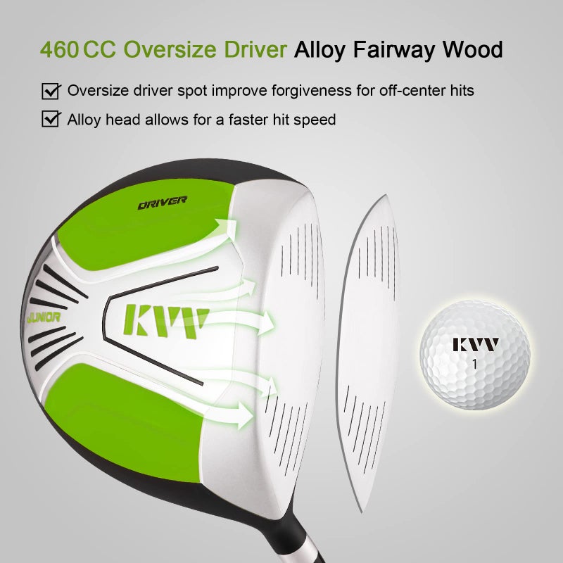 KVV Junior Complete Golf Club Set for Kids/Children Right Hand, 4-Piece Set Includes Oversize Driver, S# & 7# Irons, Putter, Head Cover, Portable Golf Stand Bag(Lime 8-10) - Image 5