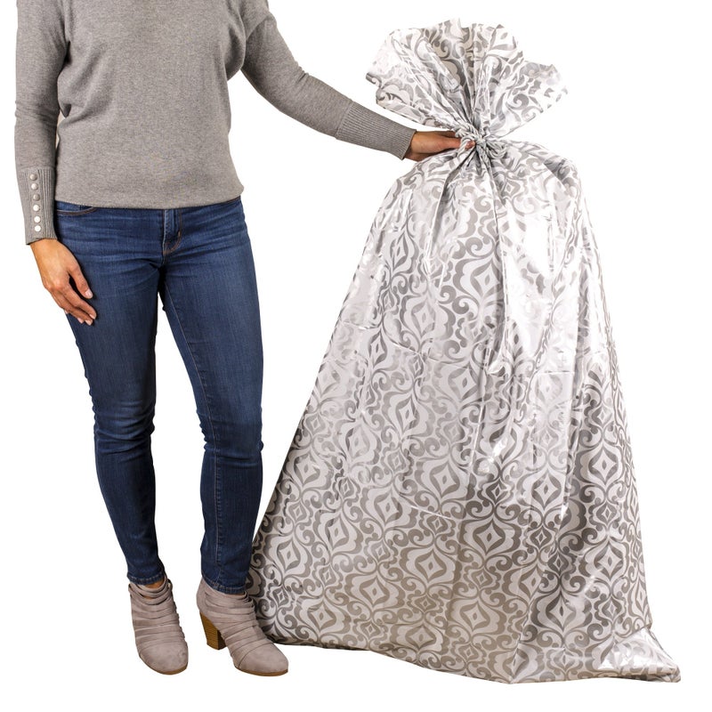 Hallmark 56" Large Plastic Gift Bag (Silver Damask) for Engagement Parties, Bridal Showers, Weddings, Valentines Day, Holidays or Any Occasion - Image 1