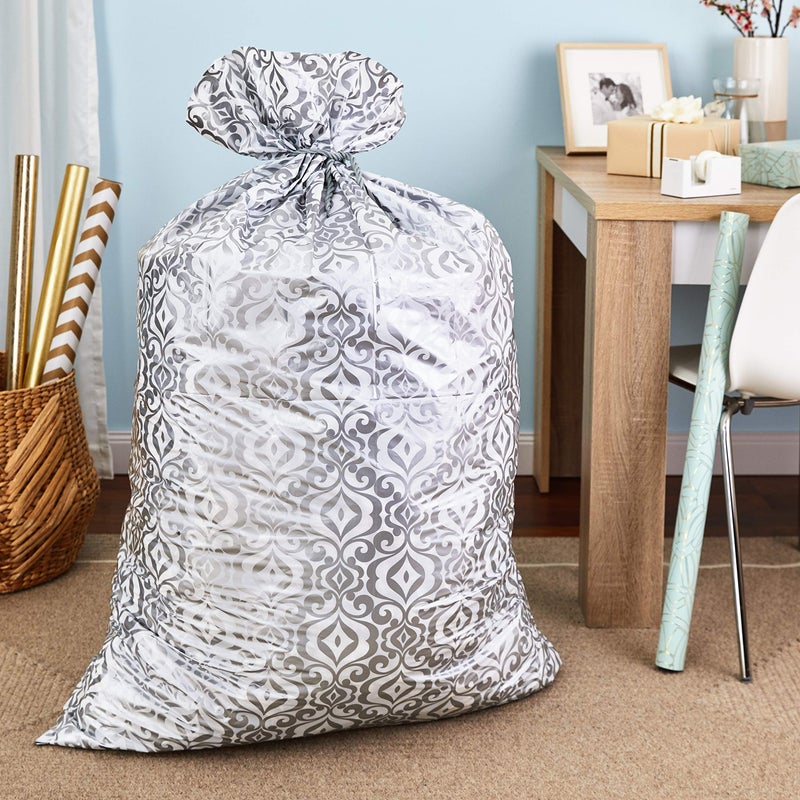 Hallmark 56" Large Plastic Gift Bag (Silver Damask) for Engagement Parties, Bridal Showers, Weddings, Valentines Day, Holidays or Any Occasion - Image 2