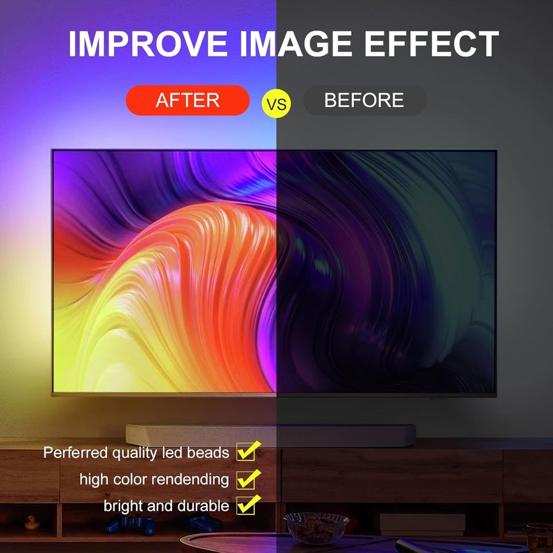أضواء LED للتلفاز، شريط أضواء RGB متزامن مع الموسيقى بطول 13.2 قدم مع تحكم عن بُعد وتطبيق، يعمل بالطاقة من USB للتلفزيونات من 32-65 بوصة، الكمبيوتر، غرفة النوم، إعداد الألعاب، السينما المنزلية - Image 3