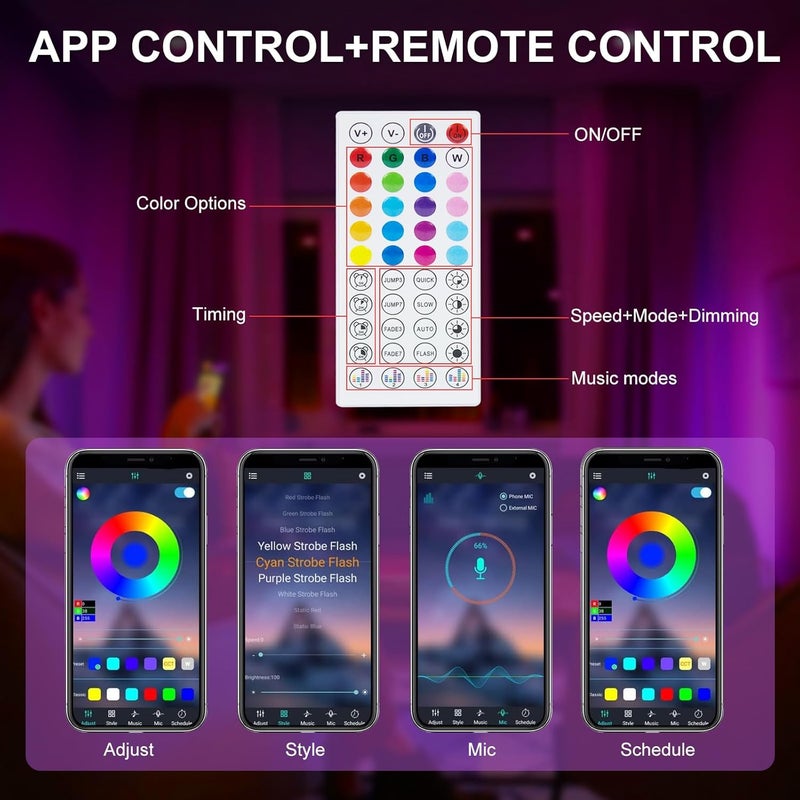 أضواء LED للتلفاز، شريط أضواء RGB متزامن مع الموسيقى بطول 13.2 قدم مع تحكم عن بُعد وتطبيق، يعمل بالطاقة من USB للتلفزيونات من 32-65 بوصة، الكمبيوتر، غرفة النوم، إعداد الألعاب، السينما المنزلية - Image 5