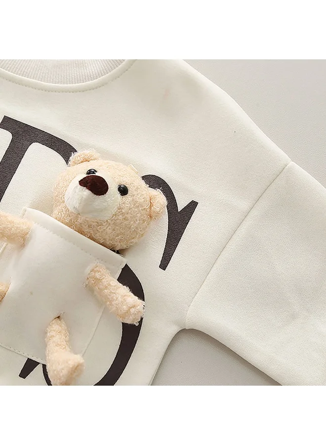 LITTLE SURPRISE BOX Cream & Brown Kids Teddy Soft Toy 2 Pcs Track Suit Set For Toddlers And Kids