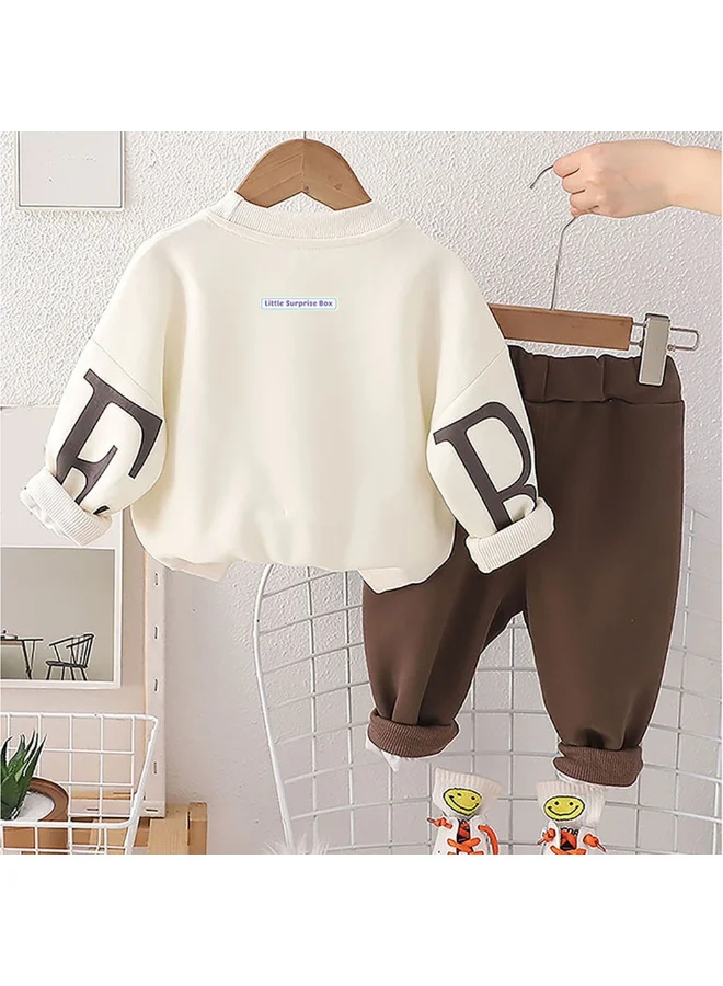 LITTLE SURPRISE BOX Cream & Brown Kids Teddy Soft Toy 2 Pcs Track Suit Set For Toddlers And Kids