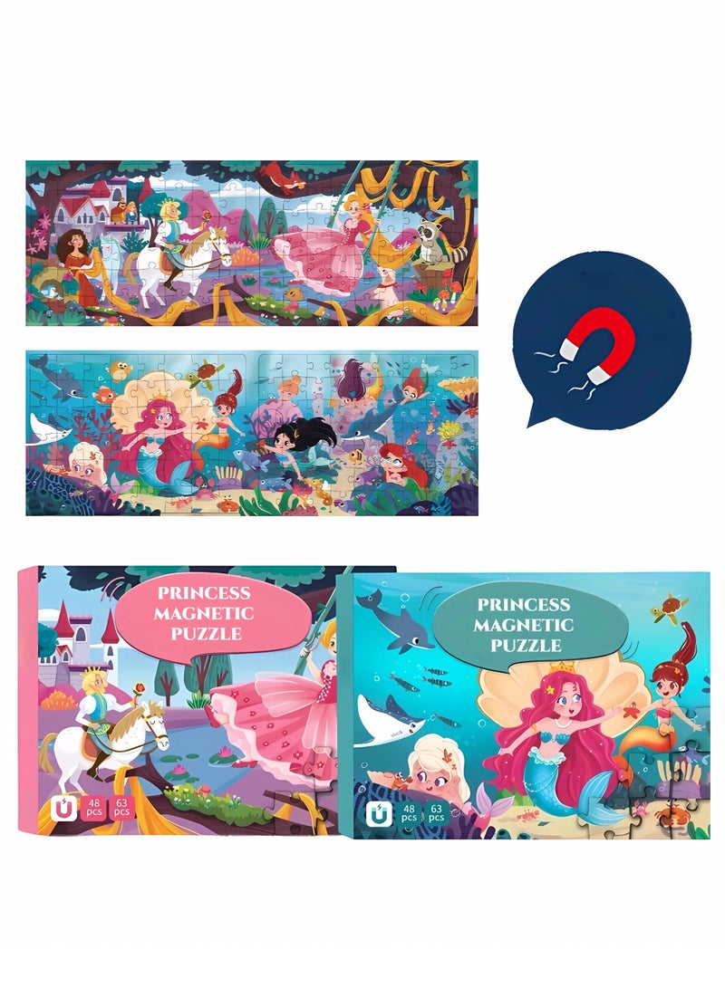 تشغيل المكالمة مجموعة ألغاز مغناطيسية للأميرة مكونة من قطعتين للأطفال الصغار من 3 إلى 5 سنوات، 48-63 قطعة ألغاز سفر للأطفال من سن 4 إلى 6 سنوات، ألعاب أنشطة رحلات السيارات والطائرات والطرق البرية للفتيات من سن 3 إلى 4 إلى 5 سنوات، هدايا عيد ميلاد - Image 1