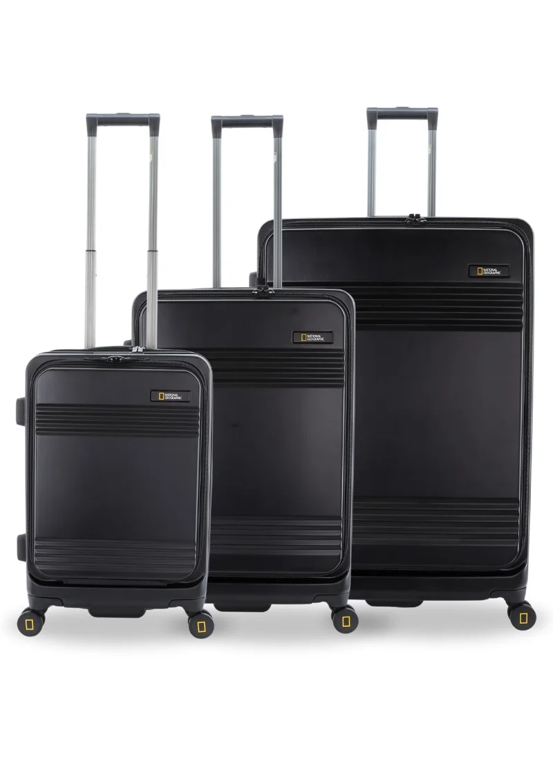 NATIONAL GEOGRAPHIC National Geographic Lodge Travel Suitcase Set, 100% PC Durable Lightweight Hard Shell Expandable Luggage, 4 Double Wheel, TSA Lock 3pcs Trolley Bag Black (20+24+28 Inch).