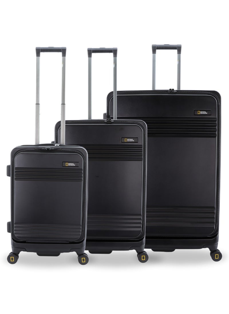 NATIONAL GEOGRAPHIC National Geographic Lodge Travel Suitcase Set, 100% PC Durable Lightweight Hard Shell Expandable Luggage, 4 Double Wheel, TSA Lock 3pcs Trolley Bag Black (20+24+28 Inch).  - Image 1