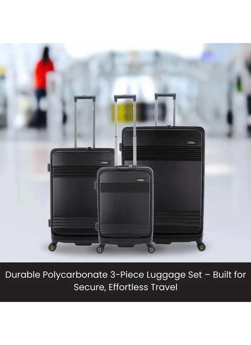 ناشيونال چيوغرافيك National Geographic Lodge Travel Suitcase Set, 100% PC Durable Lightweight Hard Shell Expandable Luggage, 4 Double Wheel, TSA Lock 3pcs Trolley Bag Black (20+24+28 Inch).