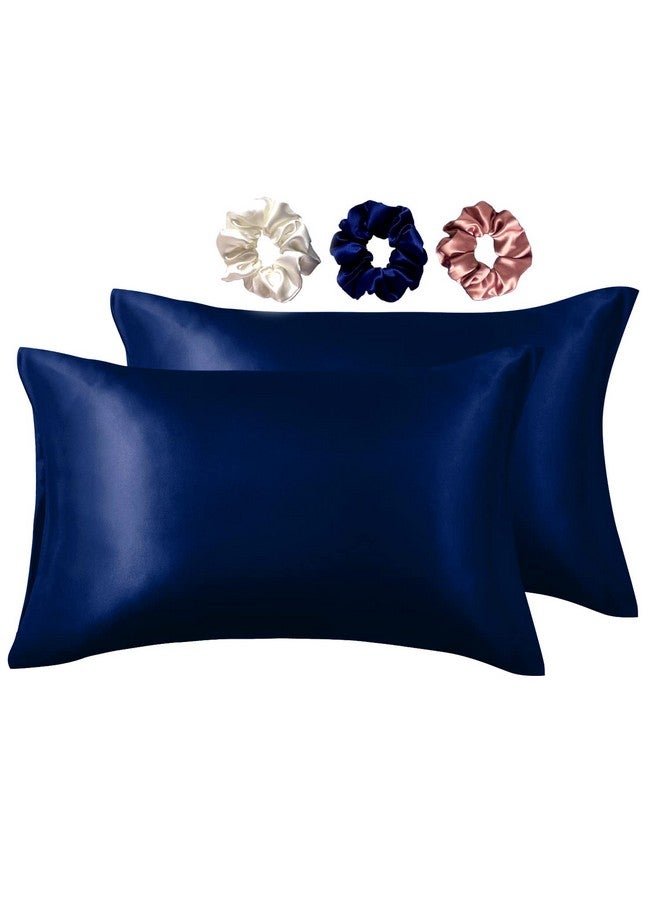Silvr Bear Luxury Solid Satin Pillow Covers + 3 Scrunchies | Aesthetic Pillowcase-Standard - 18 X 27 Inches | Great For Hair And Skin | Combo Pack (Navy Blue, Luxe Satin) 250, 5 Piece - Image 1